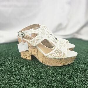 American Eagle Lace Strap Peep Toe Wedge Women’s Shoes Cork Bottom Cream Size 9